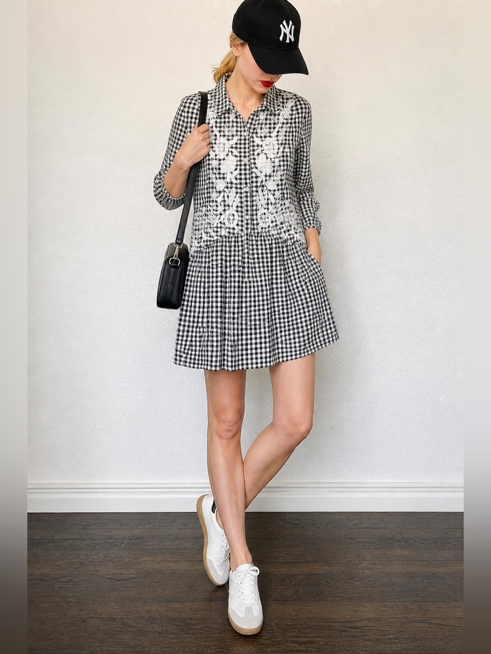Zara Checkered and Floral Embroidery Mini Dress